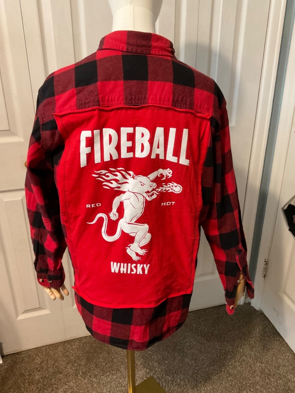 Fireball Whiskey Upcycled Graphic T-Shirt on Men's Medium Flannel